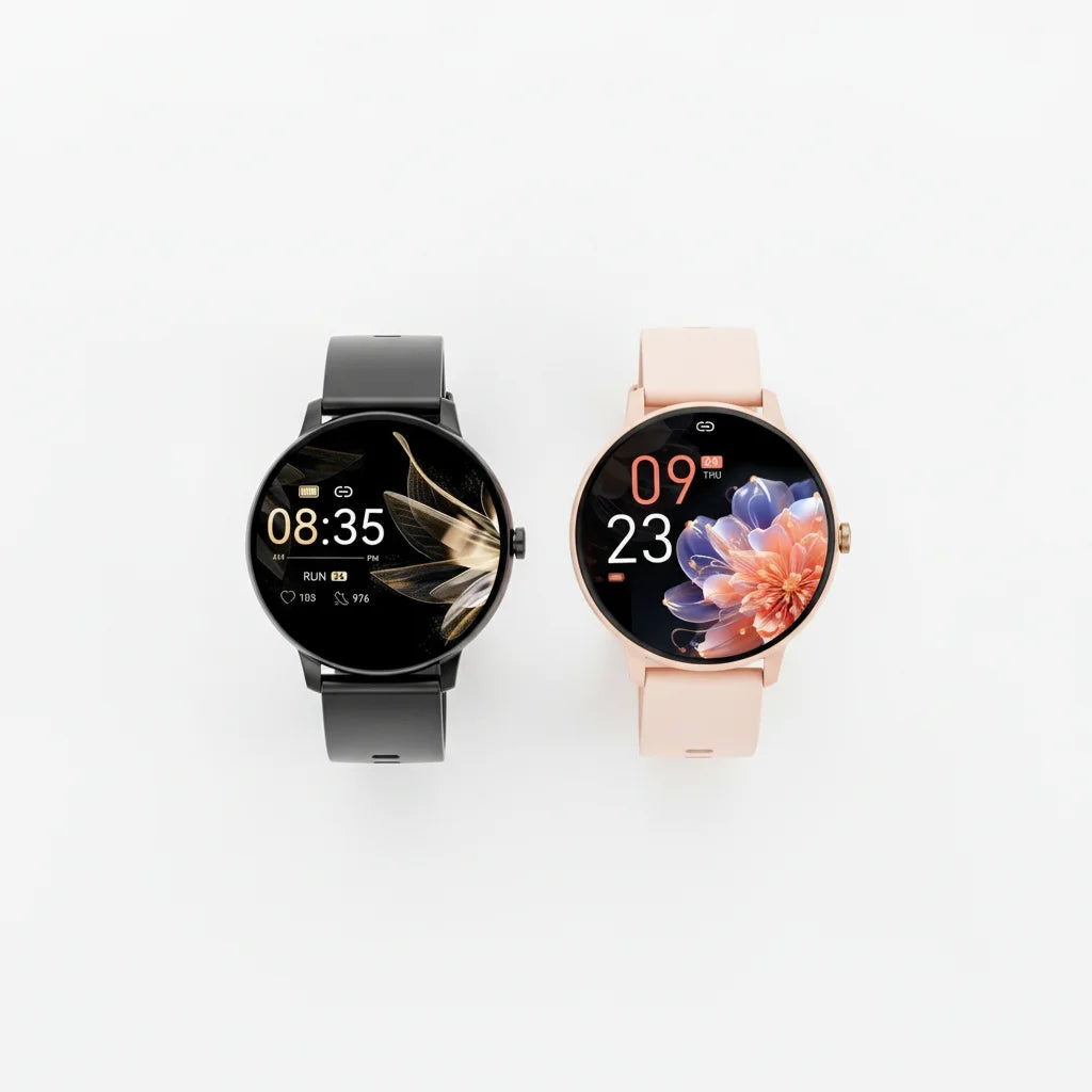 Montre connectée intelligente Kayrox Pro par test-high tech, présentée en noir et rose poudré avec écran tactile élégant affichant l’heure et des cadrans floraux